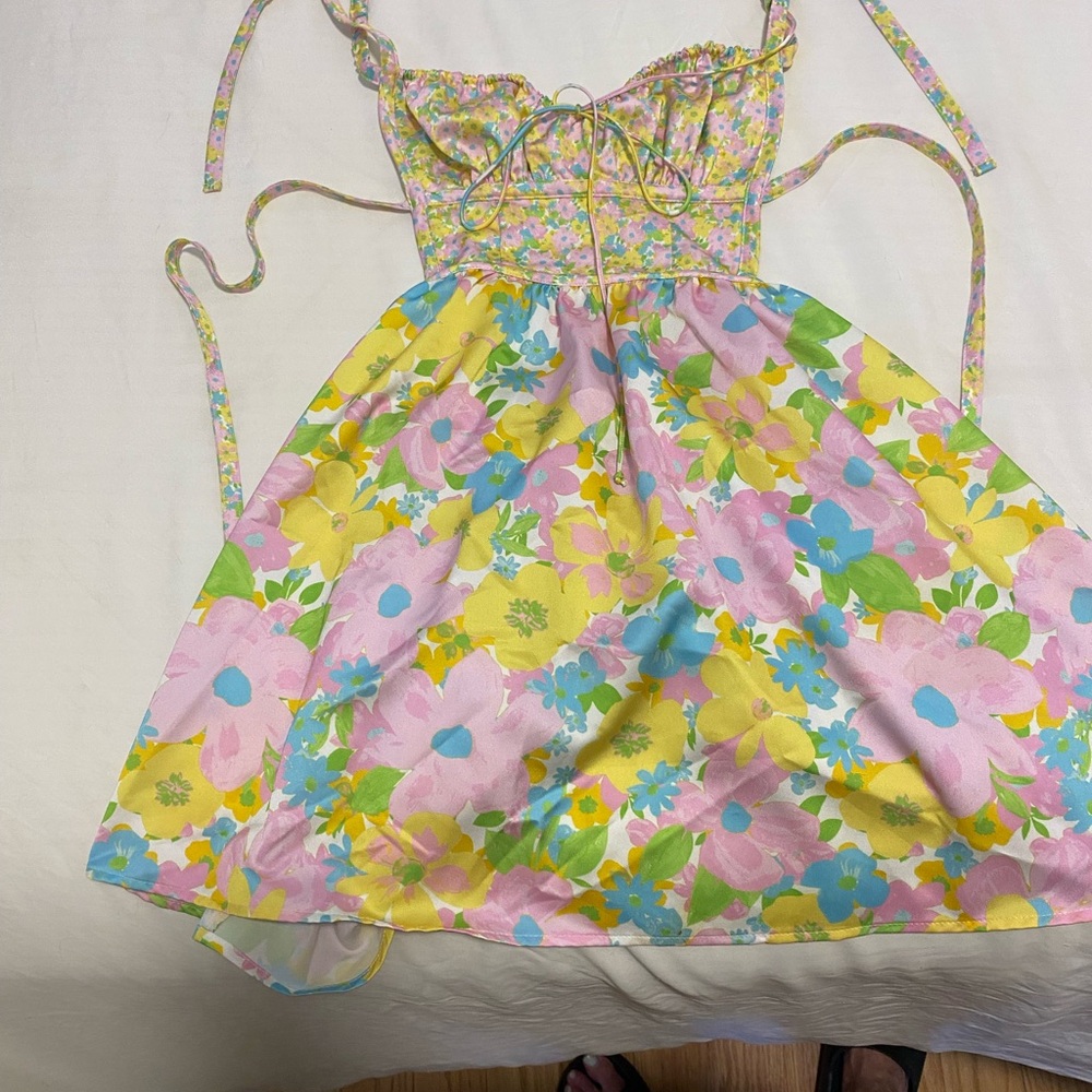 For Love & Lemons Emily Floral Backless Mini Dress in Yellow, Pink, Blue